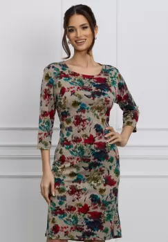 Rochie Aria bej cu imprimeuri rosii si turcoaz imagine