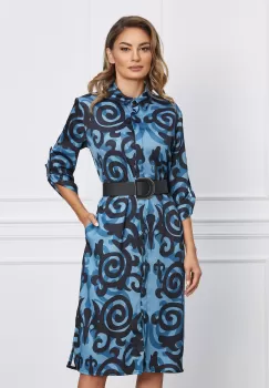 Rochie Arina tip camasa albastra cu imprimeu negru si curea in talie imagine