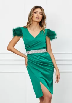 Rochie Atena verde cu pene la maneci si accesoriu in talie imagine