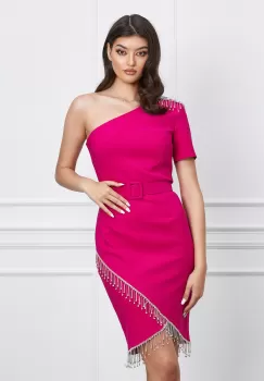 Rochie Beatrice fucsia cu fanjuri din strasuri si curea in talie imagine