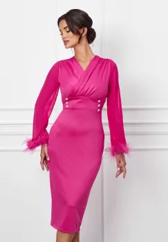 Rochie Beatrice fucsia cu maneci din voal cu pene la baza imagine