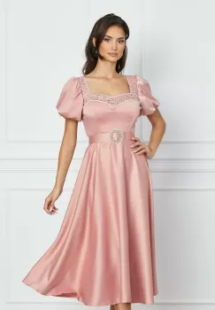 Rochie Beatrice roz cu aplicatii din strasuri la bust si curea in talie imagine