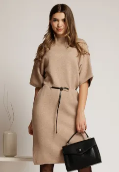 Rochie bej din tricot cu maneci fluture si curea in talie imagine