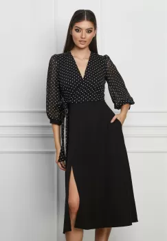 Rochie Bella neagra cu buline la bust si crepeu pe fusta imagine