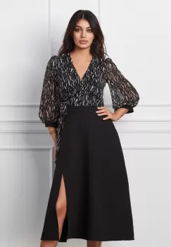 Rochie Bella neagra cu imprimeu la bust si crepeu pe fusta imagine