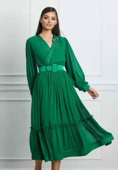 Rochie Bianca verde cu strasuri pe bust si curea in talie imagine