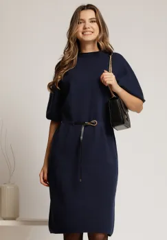 Rochie bleumarin din tricot cu maneci fluture si curea in talie imagine