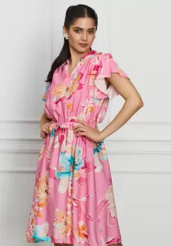 Rochie Carina roz cu imprimeuri florale orange si cordon in talie imagine