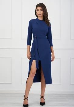 Rochie Carmen bleumarin cu catarama si cordon in talie imagine