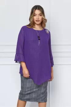 Rochie Carolina cu voal mov si carouri bleumarin imagine