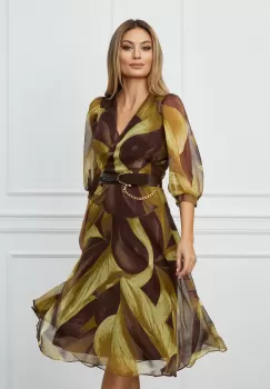 Rochie Christina maro cu imprimeuri olive si curea in talie imagine
