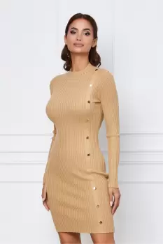 Rochie Clara camel din tricot reiat cu nasturi decorativi imagine