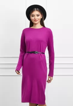 Rochie Corina magenta din tricot cu striatii pe maneci si curea in talie imagine