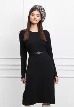 Rochie Corina neagra din tricot cu striatii pe maneci si curea in talie imagine