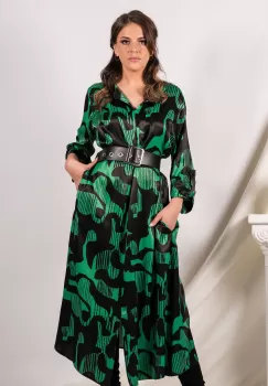 Rochie Corina verde cu imprimeu negru si curea in talie imagine