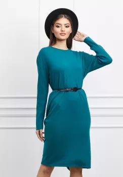 Rochie Corina verde petrol din tricot cu striatii pe maneci si curea in talie imagine