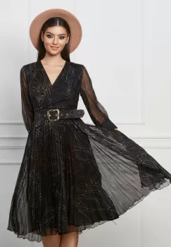 Rochie Crina neagra cu imprimeuri maro si curea in talie imagine