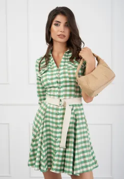Rochie Daliana cu carouri verzi si curea in talie imagine
