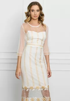 Rochie Dana alba din dantela cu broderie bej imagine