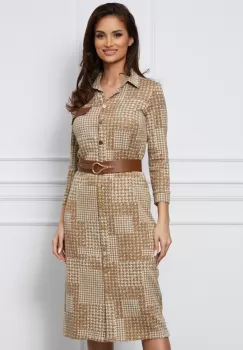 Rochie Dana maro cu imprimeu pepit si curea in talie imagine