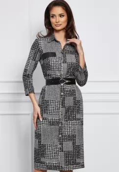 Rochie Dana neagra cu imprimeu pepit si curea in talie imagine