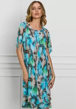 Rochie Daniela bleu cu imprimeuri maro si maneci cu decupaj imagine