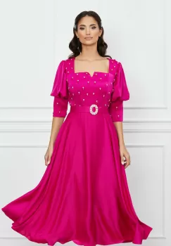 Rochie Daniela fucsia cu perle la bust si curea in talie imagine