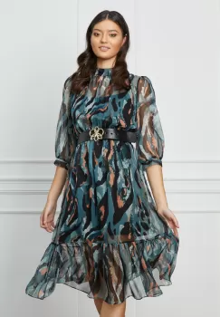 Rochie Daniela turcoaz cu zebra print caramiziu si curea in talie imagine