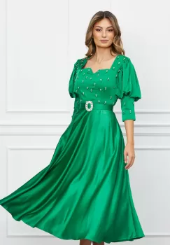 Rochie Daniela verde cu perle la bust si curea in talie imagine