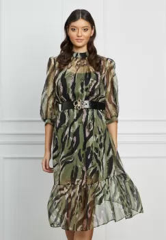 Rochie Daniela verde cu zebra print roz si curea in talie imagine