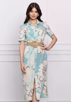 Rochie Dany verde mint cu imprimeu bej si curea in talie imagine