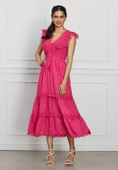 Rochie Daria fucsia cu dantela si ciucuri imagine