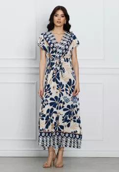 Rochie Daria ivory cu imprimeuri bleumarin si cordon in talie imagine