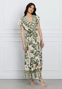 Rochie Daria ivory cu imprimeuri verzi si cordon in talie imagine