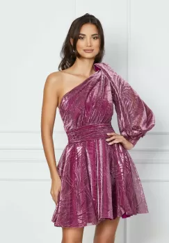 Rochie Daria magenta din lurex cu un umar gol imagine