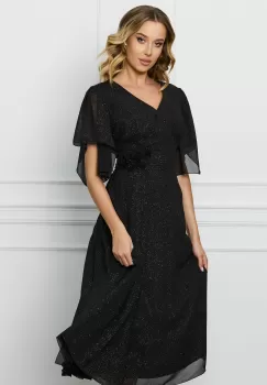 Rochie Daria neagra cu glitter si flori 3D in talie imagine