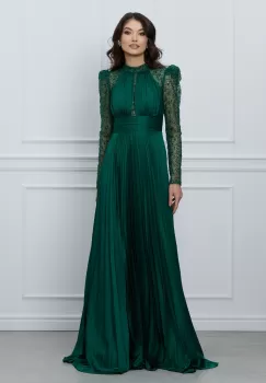 Rochie Daria verde lunga cu paiete pe maneci si bust imagine