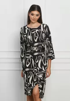 Rochie Dariana neagra cu imprimeuri ivory si curea in talie imagine