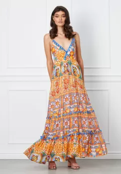 Rochie Dariana orange cu imprimeuri albastre si ciucuri imagine