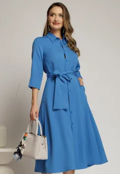 Rochie de zi midi albastra tip camasa cu cordon in talie imagine