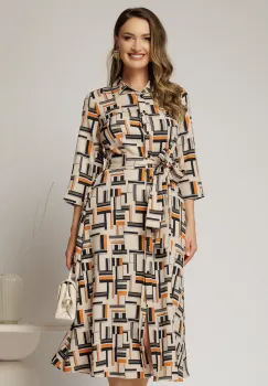 Rochie de zi midi bej cu imprimeuri caramizii tip camasa cu cordon in talie imagine