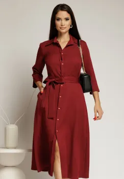 Rochie de zi midi bordo tip camasa cu cordon in talie imagine