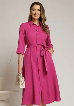 Rochie de zi midi fucsia tip camasa cu cordon in talie imagine