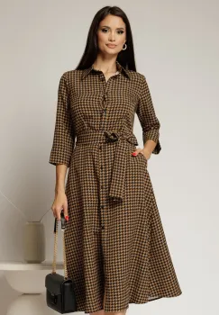 Rochie de zi midi in carouri negre si maro tip camasa cu cordon in talie imagine