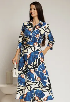 Rochie de zi midi ivoar cu imprimeuri albastre tip camasa cu cordon in talie imagine