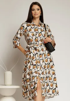 Rochie de zi midi ivoar cu imprimeuri galben mustar tip camasa cu cordon in talie imagine