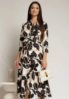 Rochie de zi midi neagra cu imprimeuri bej tip camasa cu cordon in talie imagine
