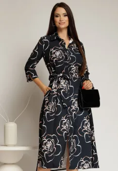 Rochie de zi midi neagra cu imprimeuri bej tip camasa cu cordon in talie imagine