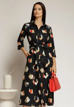 Rochie de zi midi neagra cu imprimeuri tip camasa cu cordon in talie imagine