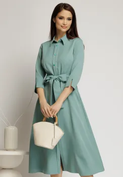 Rochie de zi midi turcoaz tip camasa cu cordon in talie imagine